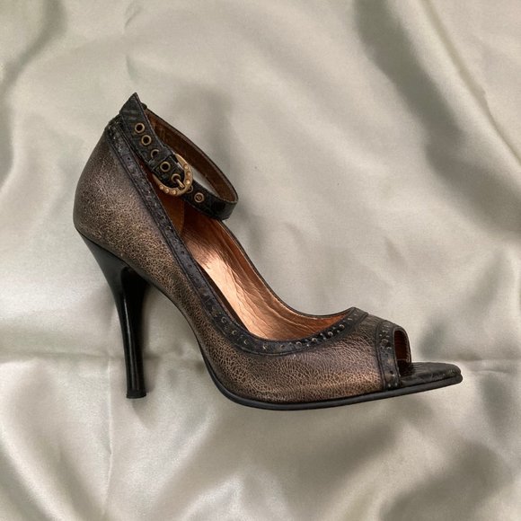 Carlos Santana Black Brass Ankle Strap Leather Peep Toe Pumps Size 6 - Picture 10 of 16
